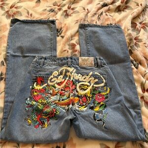 Ed Hardy Blue Jeans with Vibrant Graphic